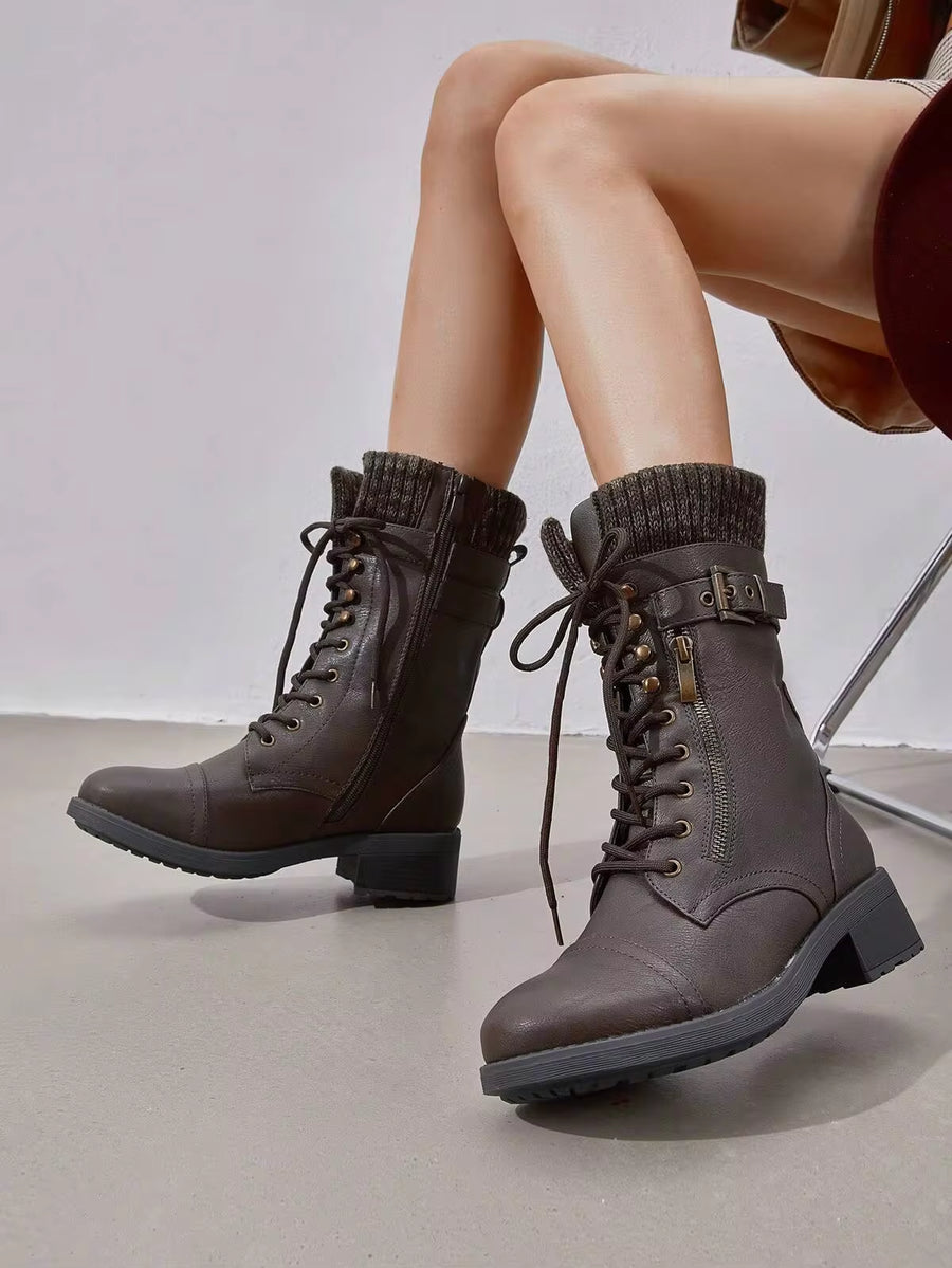 Women's Almond Round Toe Mid-Calf Boots Lace-Up Side Zipper Classic Combat Cycling Winter Military Boots  Riding Winter Festival Christmas Black Boots