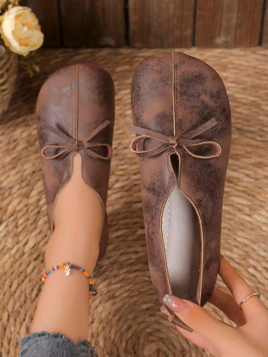 Women's Casual Solid Color Soft Bottom Round Toe Ballet Flats With Bow Decor, Slip-On Fashion Loafers Valentines