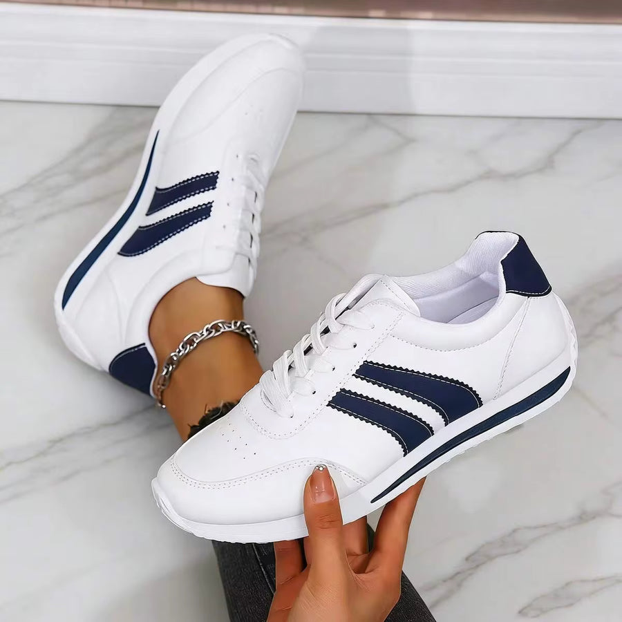 2026 Fall Women's Lightweight Lace-Up Casual Sneakers, White Blue Striped Low-Top EVA Sole, Cushioned Non-Slip Walking Shoes